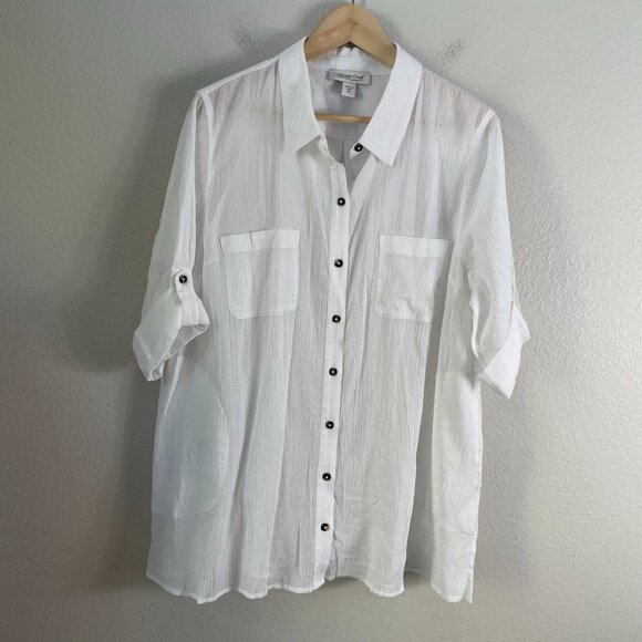 Coldwater Creek Womens Petite Large White Button Up Shirt Roll Tab Sleeve Pocket - Picture 8 of 11